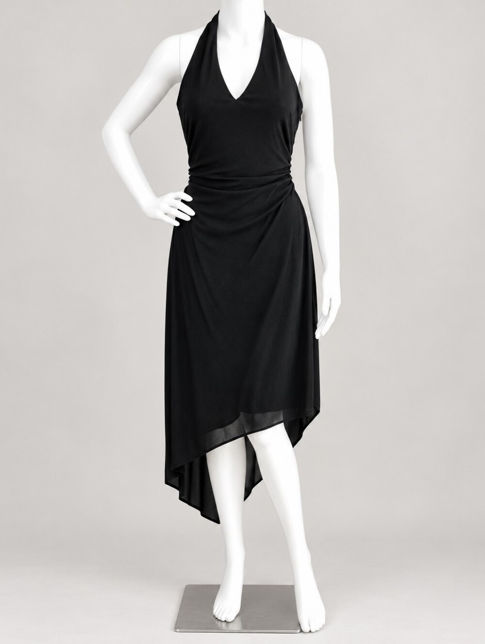 Vintage David Meister Black Halter Asymmetrical Midi Dress Size 4